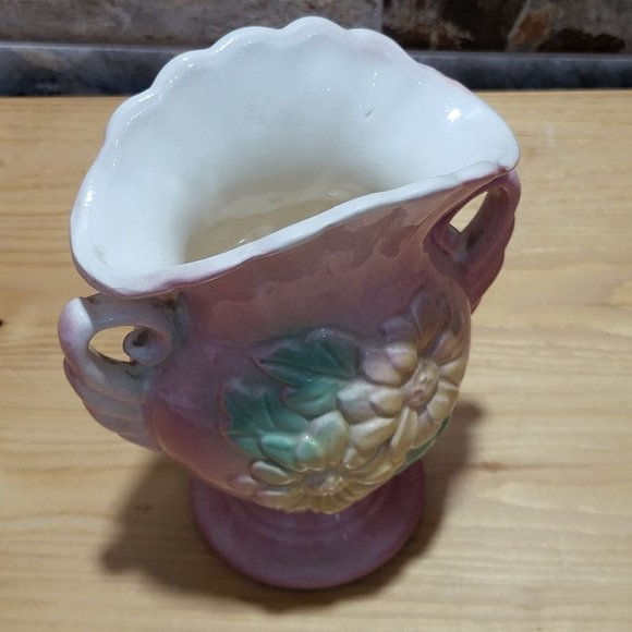 VTG USA Pottery Pink Green Yellow Flower Vase Pleated Fan Top Double Handles - Picture 12 of 14